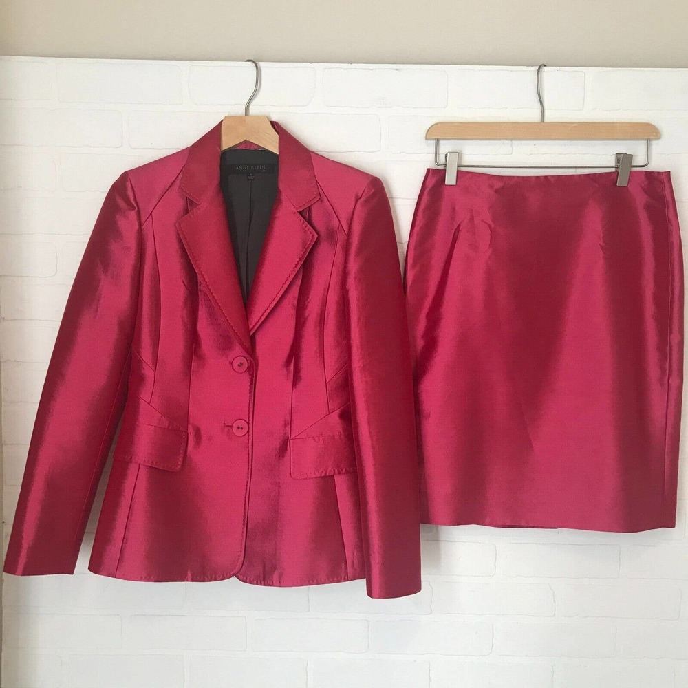 Anne Klein Skirt Suit Womens 4 Pink Silk Wool Blend 2 Button Closure Lined